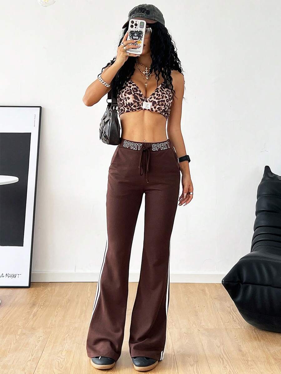 SHEIN EZwear Women's Brown Knitted Printed Flare Pants - Brown - View 1