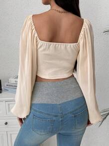 SHEIN Maternity Sweetheart Neck Drawstring Front Lantern Sleeve Crop Tee - Apricot - View 2