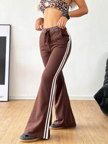 SHEIN EZwear Women's Brown Knitted Printed Flare Pants - Brown - View 2