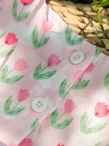 Conjunto para bebé niña con estampado floral con ribete de volantes en la parte superior y shorts - Rosa - Ver 8
