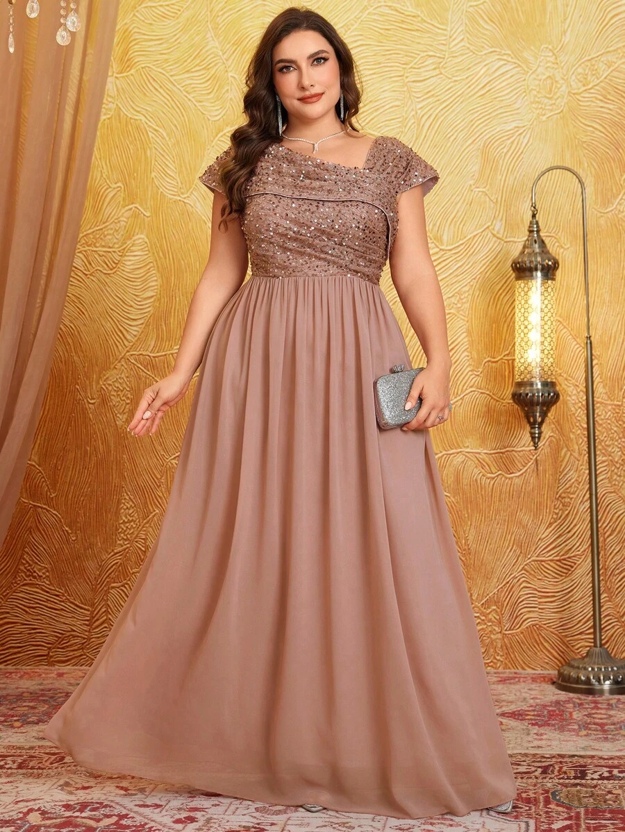UNITHORSE Váy chiffon thiết kế xếp ly cổ bất đối xứng cỡ lớn với phong cách sang trọng và thanh lịch, trang trí bằng sequin lấp lánh, váy dạ hội trang trọng thanh lịch cho khách dự tiệc cưới, tốt nghiệp, váy dự tiệc tối - Bụi hồng - Xem 1