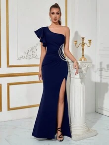 ADYCE Đầm dạ hội dự tiệc màu trơn một bên vai, eo đính hạt, xẻ tà phía trước, hở lưng, trang trọng, thanh lịch, dự tiệc cưới, tốt nghiệp, tiệc tối - Màu xanh hải quân - Xem 7