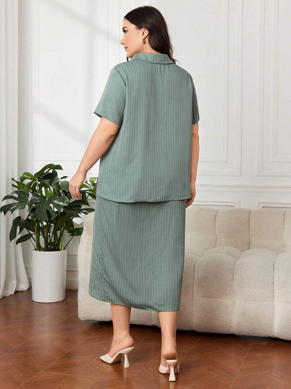 Plus Size Striped Short Sleeve Summer Shirt & Skirt Set 2 Pieces Set