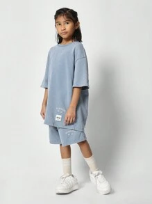 SUMWON Ensemble 2 pièces t-shirt oversize et short pour jeunes filles - Bleu azur - Voir 1