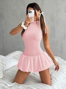 SHEIN EZwear Đầm viền xếp nếp không tay màu hồng trơn hở lưng dành cho nữ - Hồng - Xem 4