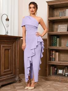 斜肩性感露肩褶皱开衩荷叶边裙优雅鸡尾酒会半正式婚礼宾客礼服，适合生日、毕业典礼、晚宴、返校节 - 紫色 - 查看 7