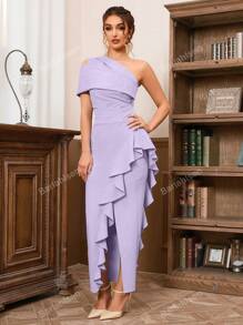 Diagonal Shoulder Sexy Off-The-Shoulder Pleated Slit Ruffled Skirt Dress Elegant Cocktail Semi Formal Wedding Guest Dress, For Birthday, Graduation, Dinner, Homecoming