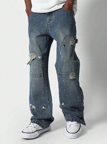 SUMWON Loose Fit Carpenter Ripped Jean With Side Snap - Blue - View 3