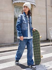 Teen Boys' Medium Washed Blue Spray Painted Denim Long Sleeve Top And Straight Leg Jeans Set - Medium Wash - View 8