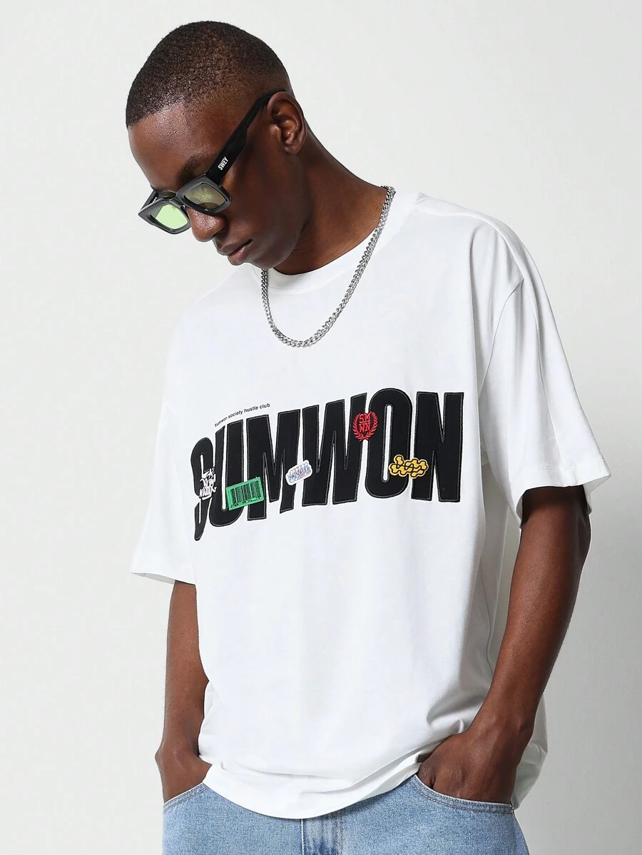 SUMWON 常规款短袖 T 恤配刺绣贴片 - 白色 - 查看 1