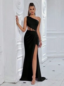 ADYCE 女士优雅不对称领口腰部镂空前开衩拖地派对礼服，适合舞会、生日派对、晚宴、约会、返校节派对、婚礼宾客、正式晚宴、家庭聚会、节日、新年、情人节、春季等场合，黑色 - 黑色 - 查看 1