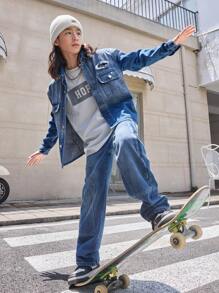 Teen Boys' Medium Washed Blue Spray Painted Denim Long Sleeve Top And Straight Leg Jeans Set - Medium Wash - View 1