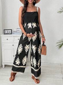 SHEIN Maternity Random Printed Strap Jumpsuit - Black - View 5