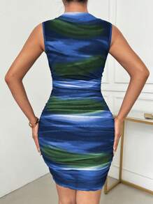 SHEIN Unity Vestido plisado con malla impresa tie-dye - Azul - Ver 2