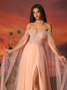 女士莲花粉珍珠露肩薄纱晚礼服优雅长袖正式舞会婚礼宾客礼服，适合毕业典礼、晚宴 - 藕粉色 - 查看 5