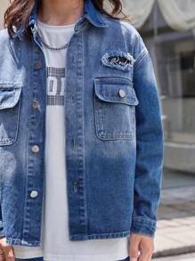 Teen Boys' Medium Washed Blue Spray Painted Denim Long Sleeve Top And Straight Leg Jeans Set - Medium Wash - View 3