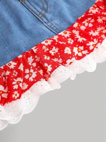 SHEIN Kleine Mädchen Denim Rock in Patchwork-Optik mit Blume Muster, blau