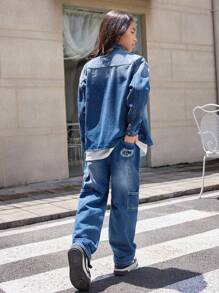 Teen Boys' Medium Washed Blue Spray Painted Denim Long Sleeve Top And Straight Leg Jeans Set - Medium Wash - View 6