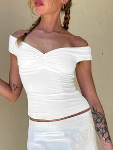 Mystra Women's Fashion V-Neck Off Shoulder Pleated Fitted Blouse - White - View 7