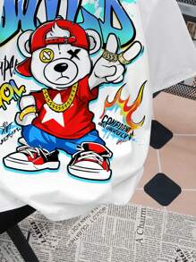SHEIN Teen Boy Casual Simple Cartoon Bear Letter Printed Round Neck Short Sleeve T-Shirt, Summer