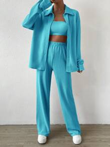 SHEIN EZwear Solid Crop Tube Top & Drop Shoulder Shirt & Pants For Dailywear