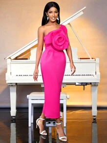 Ladies' Shoulder-Strap Asymmetric Neckline Bodycon Dress With 3D Flower Design - Hot Pink - View 4