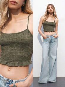 Maija Top de verano para mujer con espalda de camisola corta, dobladillo con ribete de volantes y empalmes de unicolor