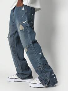 SUMWON Loose Fit Carpenter Ripped Jean With Side Snap - Blue - View 2