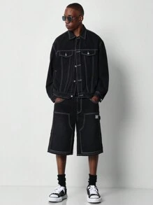 SUMWON Unisex Raw Premium Denim Trucker Jacket Sun Down Club Urban Distressed Graphic Streetwear Outerwear Fall Winter Fashion Statement - Black - View 4