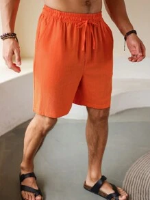 Manfinity Homme Men's Solid Color Drawstring Waist Casual Orange Shorts - Orange - View 6