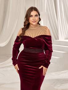 Faeriesty Curve Plus-Size Formal Evening Gown With Stand-Up Collar, Long Sleeves, And Mermaid Silhouette – Elegant Sequined Detailing For Black-Tie Galas, Wedding Receptions, Charity Dinners, Award Ceremonies, And Opera Nights - Burgundy - View 3