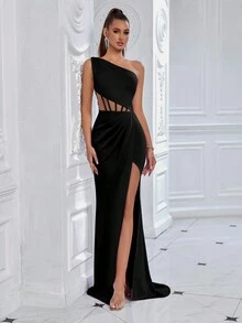 ADYCE 女士优雅不对称领口腰部镂空前开衩拖地派对礼服，适合舞会、生日派对、晚宴、约会、返校节派对、婚礼宾客、正式晚宴、家庭聚会、节日、新年、情人节、春季等场合，黑色 - 黑色 - 查看 7