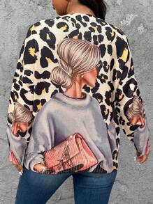SHEIN LUNE Plus Size Women's Leopard Print Character Patterned Pullover Sweater, Long Sleeve Knit Pullover Fall Winter Outfit - Apricot - View 2
