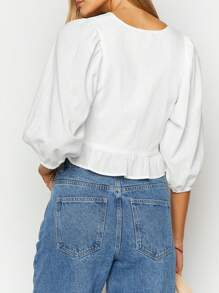 SHEIN BAE Tie Neck Ruffle Hem Crop Blouse - White - View 4