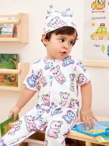 SHEIN Baby Boys' Cute Animal Print Short Sleeve Footie Pajamas - White - View 4