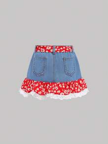 SHEIN Kleine Mädchen Denim Rock in Patchwork-Optik mit Blume Muster, blau