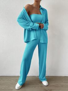 SHEIN EZwear Solid Crop Tube Top & Drop Shoulder Shirt & Pants For Dailywear