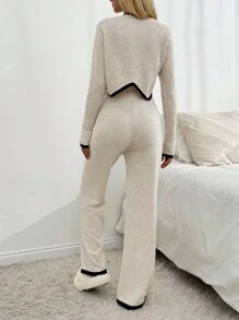 RueChic Women Rib Knit Asymmetrical Hem Sweater & Sweater Pants Set - Beige - View 3