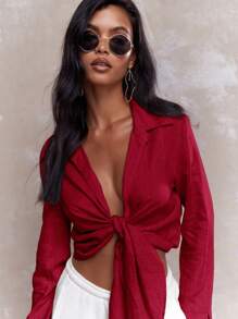 MISSGUIDED Tying Knot Detail Linen Long Sleeve Crop Shirt Blouse