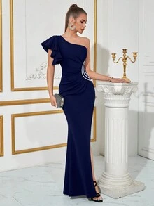 ADYCE Đầm dạ hội dự tiệc màu trơn một bên vai, eo đính hạt, xẻ tà phía trước, hở lưng, trang trọng, thanh lịch, dự tiệc cưới, tốt nghiệp, tiệc tối - Màu xanh hải quân - Xem 4