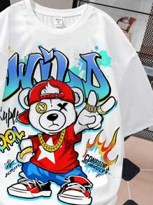SHEIN Teen Boy Casual Simple Cartoon Bear Letter Printed Round Neck Short Sleeve T-Shirt, Summer
