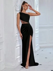 ADYCE 女士优雅不对称领口腰部镂空前开衩拖地派对礼服，适合舞会、生日派对、晚宴、约会、返校节派对、婚礼宾客、正式晚宴、家庭聚会、节日、新年、情人节、春季等场合，黑色 - 黑色 - 查看 3