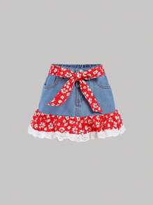 SHEIN Kleine Mädchen Denim Rock in Patchwork-Optik mit Blume Muster, blau