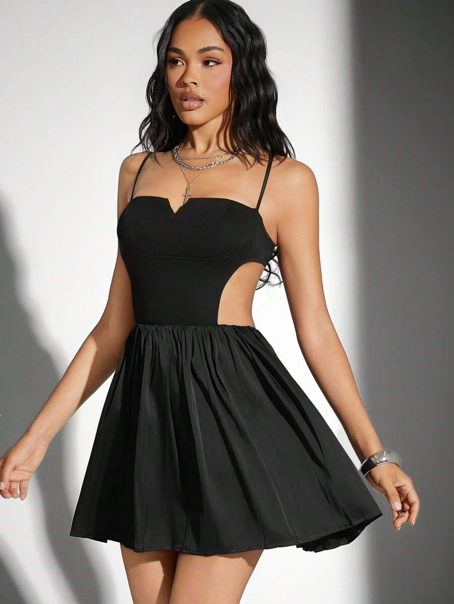 Hauture Women's Open Back Pleated Mini Cami Dress - Black - View 1