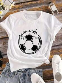 INAWLY Áo phông in hình Ngày thi đấu bóng đá, Áo phông thường ngày tay ngắn cho nữ, Áo phông họa tiết mùa xuân/hè cho nữ - trắng - Xem 4