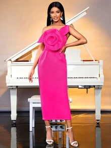 Ladies' Shoulder-Strap Asymmetric Neckline Bodycon Dress With 3D Flower Design - Hot Pink - View 5