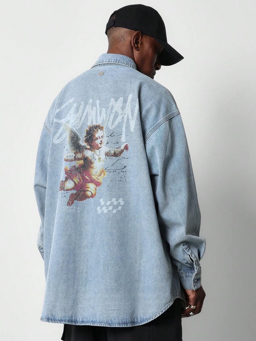 SUMWON 后背小天使图案印花超大牛仔衬衫 - 藍色 - 查看 1