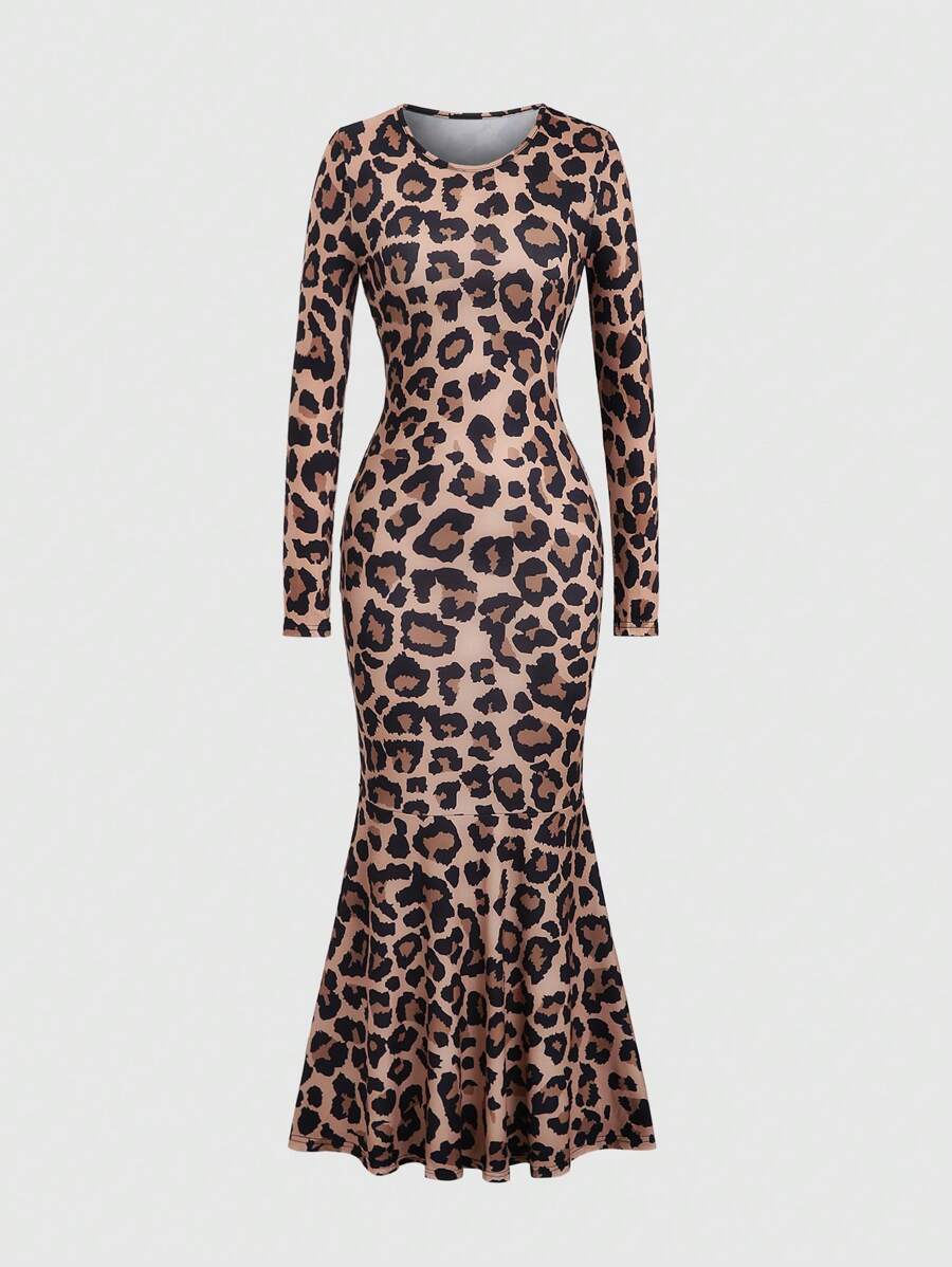 Chiquease 圆领豹纹高低下摆长袖连衣裙长款女装