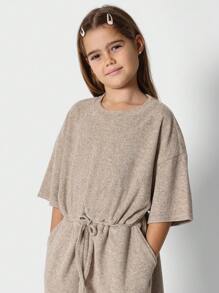 SUMWON Tween Girls Tee Dress With Tie Waist Detail - Camel - View 3