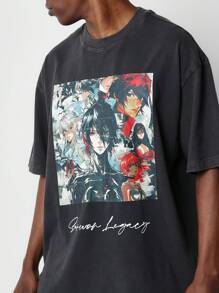 SUMWON Regular Fit Short Sleeve Washed Tee With Anime Graphics Print - Black - View 3
